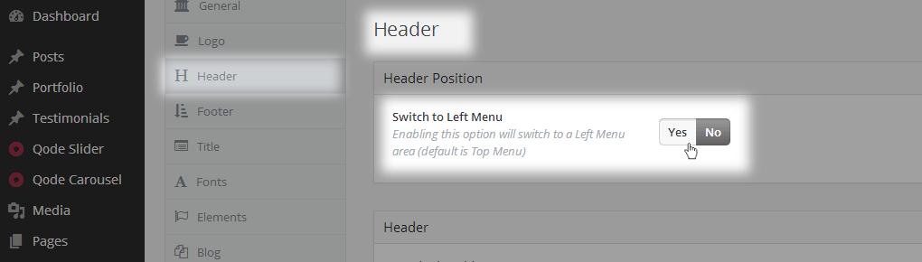 Qode Options - Header Admin